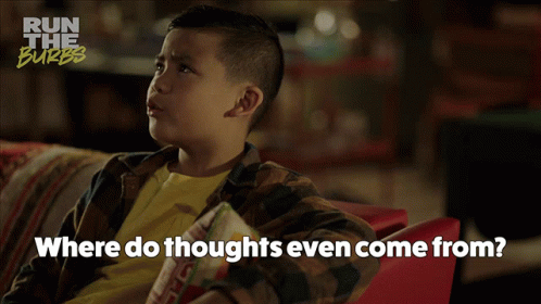 A Boy Is Sitting On A Couch With The Words " Where Do Thoughts Even Come From " GIF