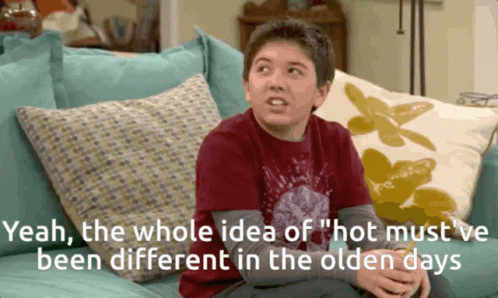 a boy is sitting on a couch with the words " yeah the whole idea of hot must have been different in the olden days " bel