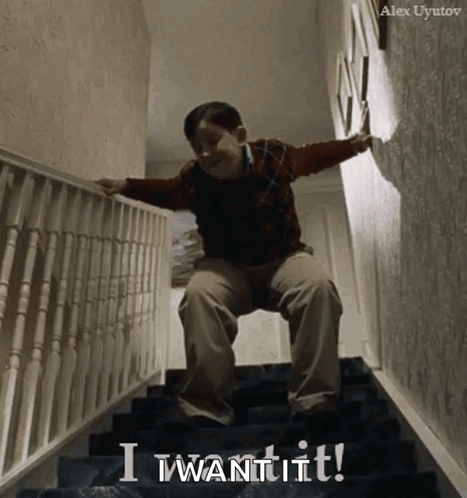Boy Sitting On Stairs Saying I Want It GIF