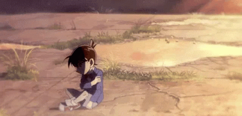 A Boy Is Sitting On The Ground With His Arms Around His Neck . GIF