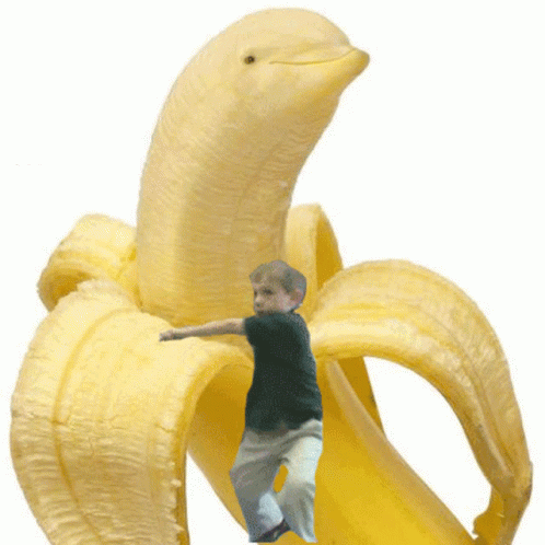 A Boy Is Standing In A Banana With A Dolphin Head On It GIF