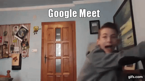 A Boy Is Standing In Front Of A Door With The Words Google Meet On It GIF