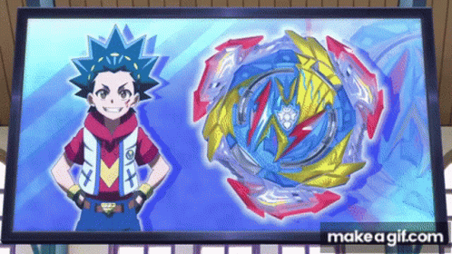 A Boy Is Standing Next To A Blue Spinning Top In Front Of A Large Screen . GIF