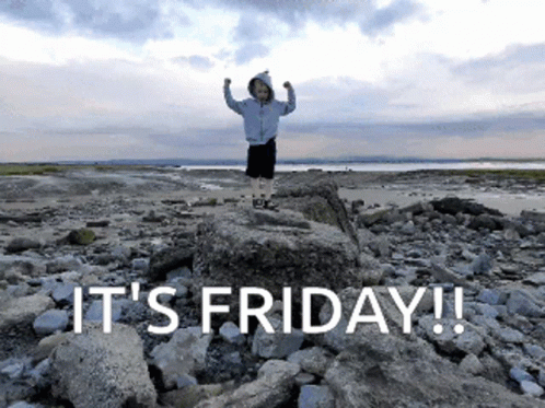 A Boy Is Standing On A Rock With The Words It 'S Friday GIF