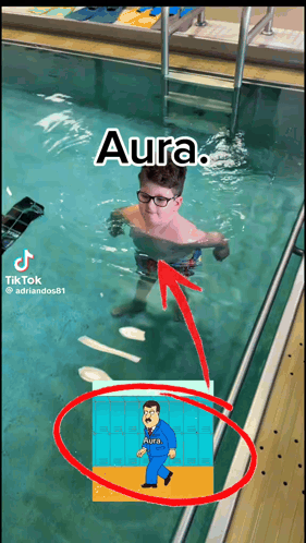 A Boy Is Swimming In A Pool And The Word Aura Is On The Bottom GIF