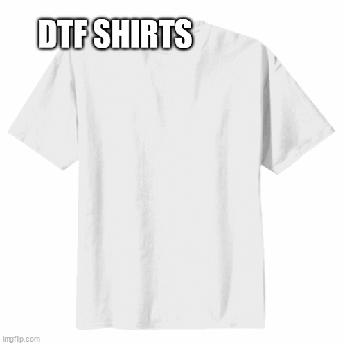 A Boy Is Wearing A Grey T-Shirt With The Words Dtf Shirts Written On It GIF