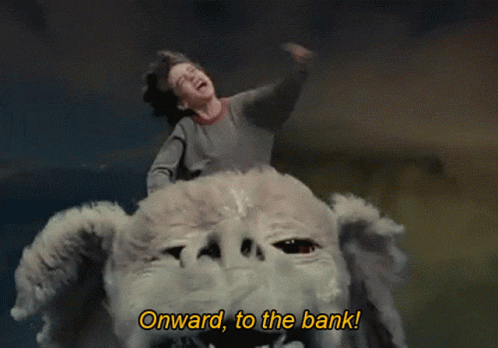 A Boy Riding On The Back Of A Stuffed Animal With The Words Onward To The Bank Below Him GIF