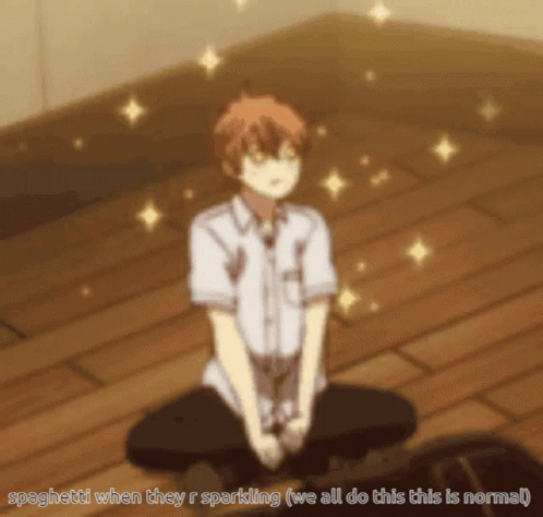 A Boy Sitting On The Floor With The Words Spaghetti When They R Sparkling GIF