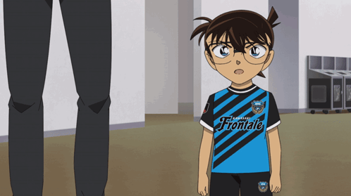 A Boy Wearing A Blue And Black Shirt That Says Frontale On It GIF