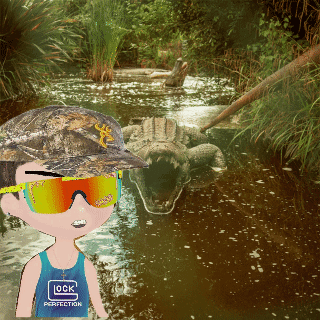 a boy wearing a glock perfection tank top stands in a swamp