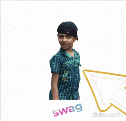 A Boy Wearing A Plaid Shirt And A Baseball Cap Is Standing In Front Of A White Background With The Word Swag On It GIF