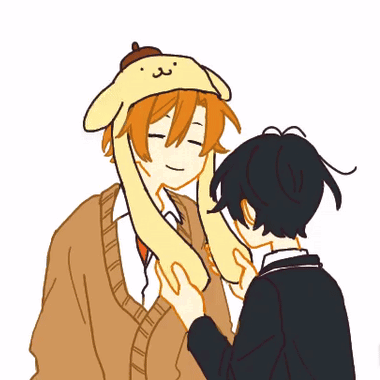 A Boy Wearing A Pompompurin Hat Is Being Touched By Another Boy GIF