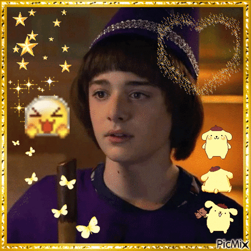 A Boy Wearing A Purple Hat And A Purple Shirt Is Surrounded By Pompompurins And Butterflies GIF