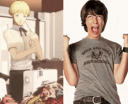 A Boy Wearing A Rock And Roll High School T-Shirt GIF