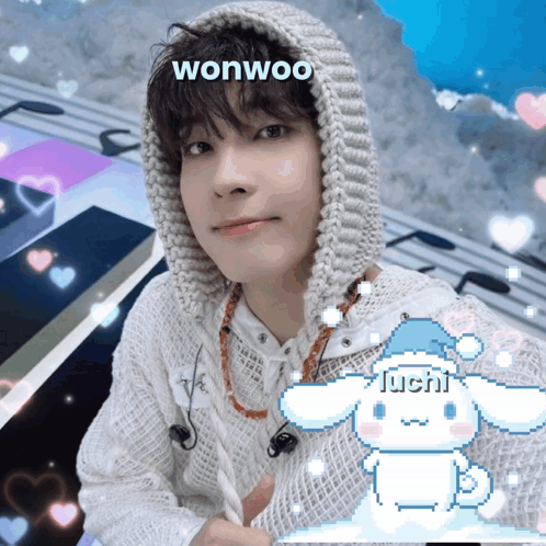 A Boy Wearing A White Sweater With A Hood And The Name Wonwoo GIF