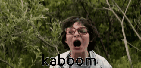 A Boy Wearing Glasses Is Screaming With The Word Kaboom Written On The Bottom GIF