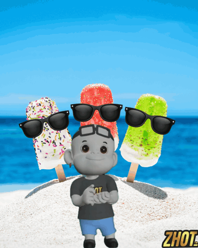 A Boy Wearing Sunglasses Stands In Front Of Three Ice Cream Popsicles With Zhut Written On The Bottom GIF