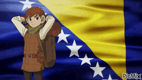 a boy with a backpack stands in front of a flag that says picmix on it