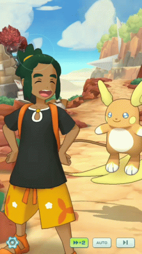 Boy With Backpack Next To Cartoon Character And Auto Button GIF