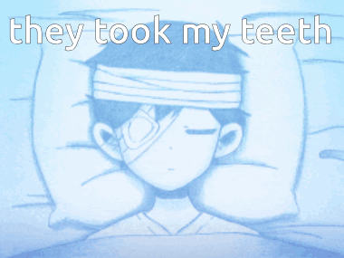 A Boy With A Bandage On His Head Is Laying In Bed With The Words They Took My Teeth Above Him GIF