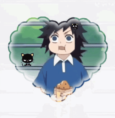 A Boy With A Black Cat On His Head Is Holding A Bag Of Food In A Heart Shaped Frame GIF