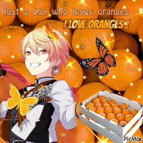 A Boy With A Butterfly On His Head Is Standing In Front Of A Pile Of Oranges GIF