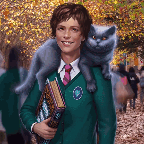 A Boy With A Cat On His Shoulders Holding A Book With A Diamond On It GIF
