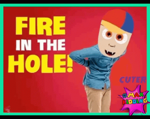 A Boy With A Mask On His Face Is Standing In Front Of A Red Background With The Words Fire In The Hole . GIF