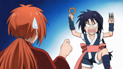 A Boy With A Ponytail Is Standing Next To A Girl Who Is Holding A Pair Of Scissors In Her Hand GIF