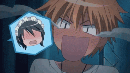A Boy With A Surprised Look On His Face Looks At A Maid 'S Head GIF