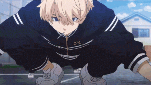 A Boy With Blonde Hair Is Squatting Down With A Straw In His Mouth . GIF