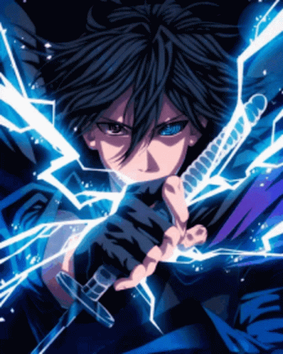 A Boy With Blue Eyes Is Holding A Sword With Lightning Behind Him GIF