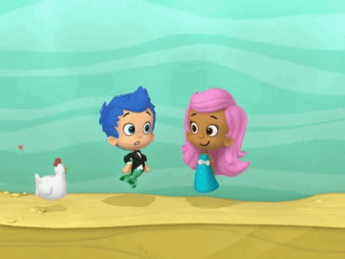 A Boy With Blue Hair And A Girl With Pink Hair Are Talking To Each Other GIF
