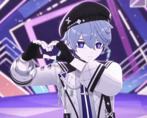 A Boy With Blue Hair And A Hat With The Letter X On It Is Making A Heart Shape With His Hands GIF