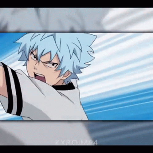 A Boy With Blue Hair And A White Shirt Is Standing In Front Of A Blue Sky . GIF