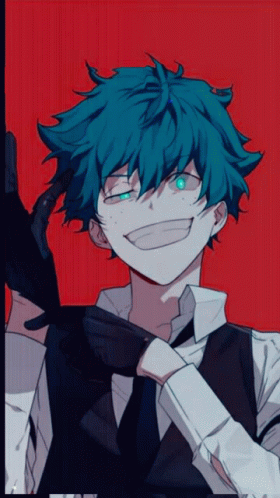 A Boy With Blue Hair And Green Eyes Is Wearing A Black Vest And Tie GIF