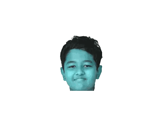 a boy with blue hair is smiling and looking at the camera on a white background