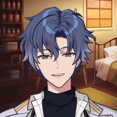 A Boy With Blue Hair Is Smiling In A Room With A Bed GIF