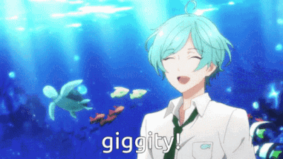 A Boy With Blue Hair Is Smiling In Front Of A Turtle In The Ocean And The Word Giggity Is On The Bottom GIF