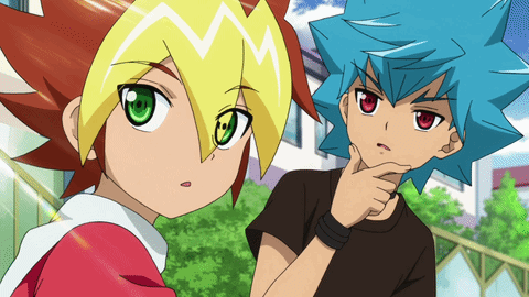 a boy with blue hair is standing next to another boy