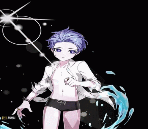 A Boy With Blue Hair Is Wearing A White Shirt And Black Swim Trunks With A Wave In The Background GIF