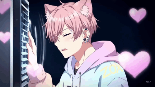 A Boy With Cat Ears And A Hoodie That Says Zoo GIF