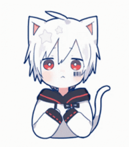 A Boy With Cat Ears And Red Eyes Is Sitting Down With His Hands Folded . GIF
