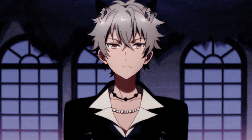 A Boy With Cat Ears Is Wearing A Black Jacket And A Pearl Necklace GIF
