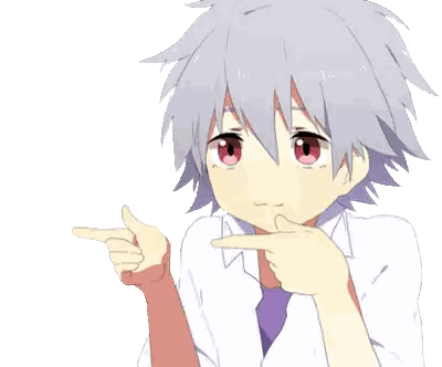 a boy with gray hair and red eyes is pointing