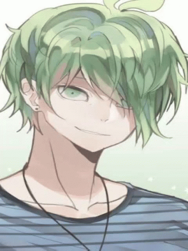 A Boy With Green Hair Is Wearing A Striped Shirt And A Necklace And Smiling . GIF