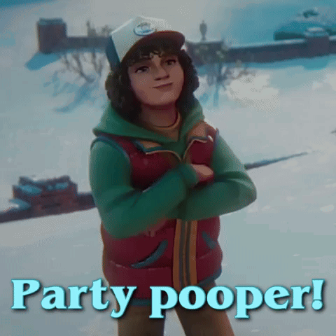 A Boy With His Arms Crossed And The Words Party Pooper Written Below Him GIF