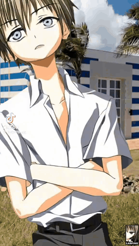 A Boy With His Arms Crossed Is Standing In Front Of A Striped Building GIF
