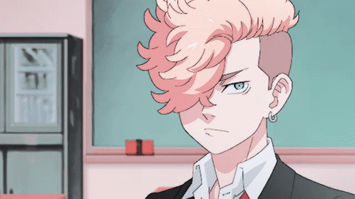 A Boy With Pink Hair And Blue Eyes Is Wearing A Suit GIF
