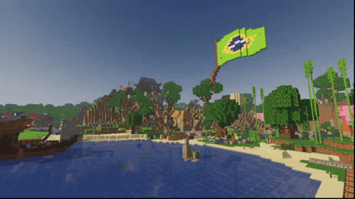 A Brazilian Flag Is Flying Over A Minecraft World GIF